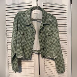 Distressed Checkered Cropped Denim Jacket